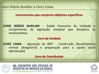 Livro Diário Auxiliar e Livro Caixa
Instrumentos que cumprem objetivos específicos
LIVRO DIÁRIO AUXILIAR – Saúde financeira da Unidade e
cumprimento da legislação estadual que disciplina os
emolumentos
Livro da Unidade
LIVRO CAIXA – Apuração do IRPF – Carnê-Leão (Recolhimento
mensal obrigatório) e preparação para o ajuste anual
(declaração)
Livro do Contribuinte
 
