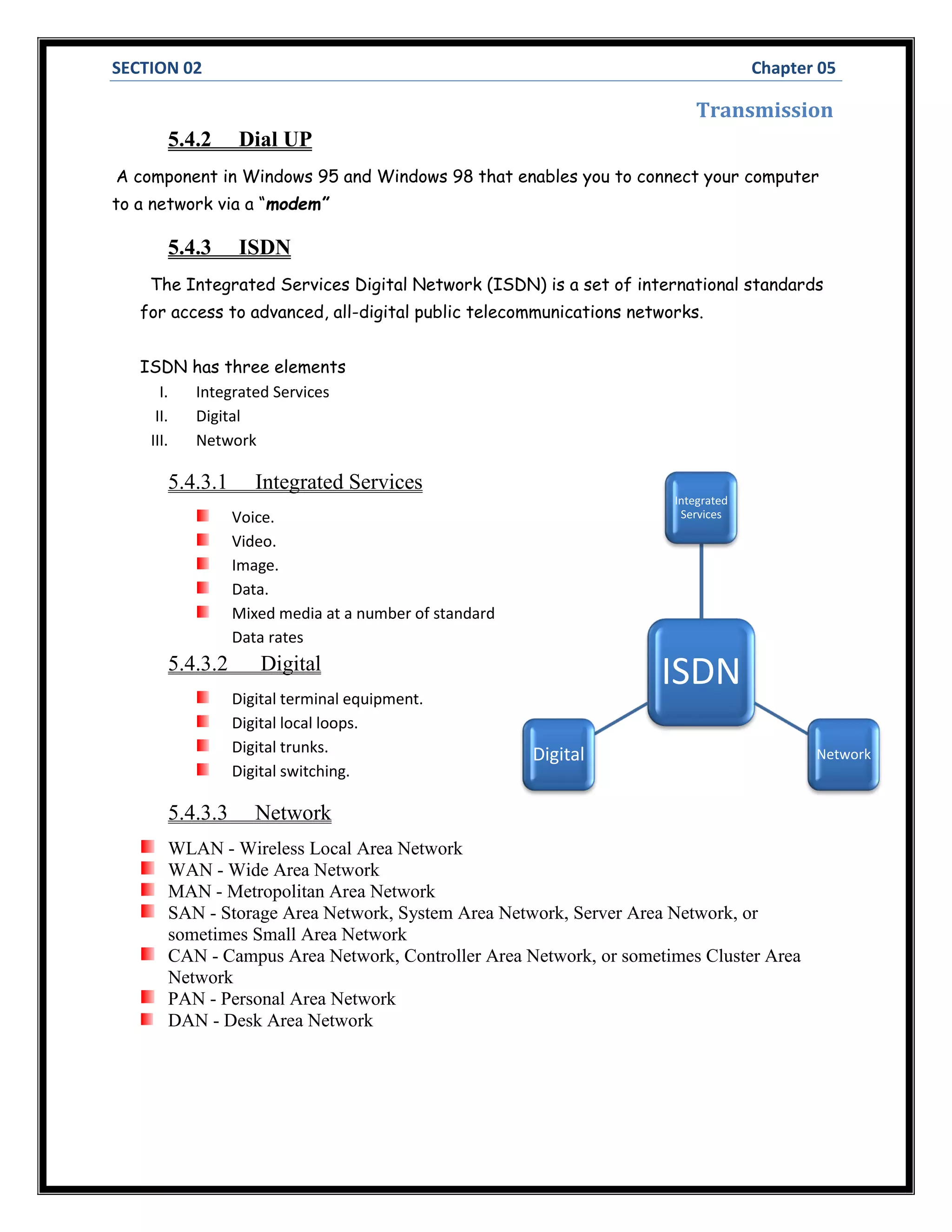 SECTION 02 Chapter 05
Transmission
5.4.2 Dial UP
A component in Windows 95 and Windows 98 that enables you to connect your computer
to a network via a “modem”
5.4.3 ISDN
The Integrated Services Digital Network (ISDN) is a set of international standards
for access to advanced, all-digital public telecommunications networks.
ISDN has three elements
I. Integrated Services
II. Digital
III. Network
5.4.3.1 Integrated Services
Voice.
Video.
Image.
Data.
Mixed media at a number of standard
Data rates
5.4.3.2 Digital
Digital terminal equipment.
Digital local loops.
Digital trunks.
Digital switching.
5.4.3.3 Network
WLAN - Wireless Local Area Network
WAN - Wide Area Network
MAN - Metropolitan Area Network
SAN - Storage Area Network, System Area Network, Server Area Network, or
sometimes Small Area Network
CAN - Campus Area Network, Controller Area Network, or sometimes Cluster Area
Network
PAN - Personal Area Network
DAN - Desk Area Network
ISDN
Integrated
Services
NetworkDigital
 