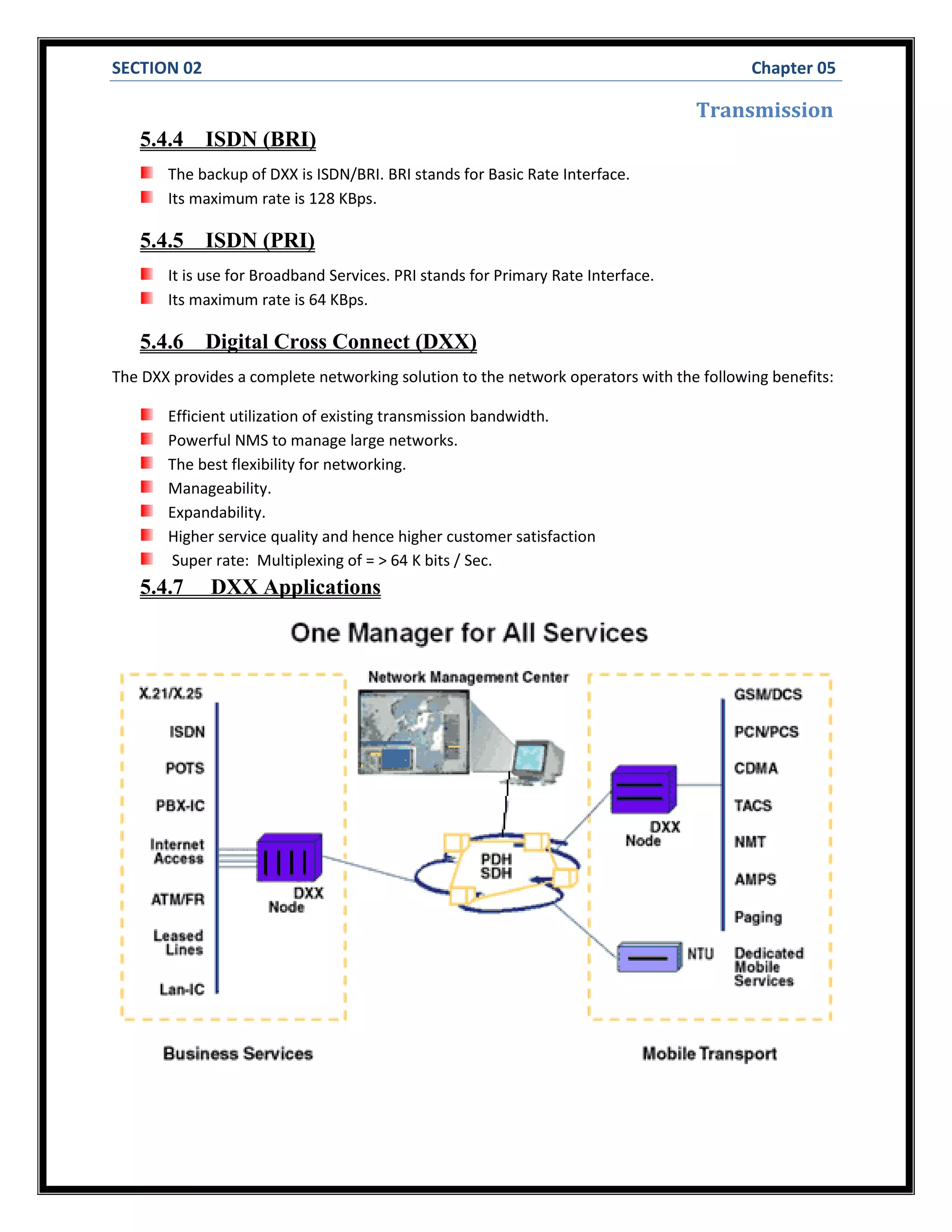 SECTION 02 Chapter 05
Transmission
5.4.4 ISDN (BRI)
The backup of DXX is ISDN/BRI. BRI stands for Basic Rate Interface.
Its maximum rate is 128 KBps.
5.4.5 ISDN (PRI)
It is use for Broadband Services. PRI stands for Primary Rate Interface.
Its maximum rate is 64 KBps.
5.4.6 Digital Cross Connect (DXX)
The DXX provides a complete networking solution to the network operators with the following benefits:
Efficient utilization of existing transmission bandwidth.
Powerful NMS to manage large networks.
The best flexibility for networking.
Manageability.
Expandability.
Higher service quality and hence higher customer satisfaction
Super rate: Multiplexing of = > 64 K bits / Sec.
5.4.7 DXX Applications
 