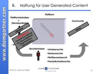 B. Haftung für User Generated Content                 Plattformbetreiber Rechteinhaber Plattform Community § Störer Mitstörer Urheberrechte Markenrechte Wettbewerbsrecht Persönlichkeitsrechte =  Diensteanbieter ACHTUNG !!!   Persönliche Haftung der Geschäftsführer  (Organisations-verschulden) 