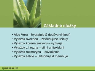 Základné složky

• Aloe Vera – hydratuje & dodáva vlhkosť
• Výtažok avokáda – zvláčňujúce účinky
• Výtažok koreňa zázvoru – vyživuje
• Výtažok z hrozna – silný antioxidant
• Výtažok rozmarýnu – osvieženie
• Výtažok šalvie – ukľudňuje & zjemňuje
 