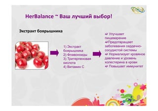 1) Экстракт
боярышника
2) Флавоноиды
3) Тритерпеновая
кислота
4) Витамин C
 Улучшает
пищеварение
Предотвращает
заболевания сердечно-
сосудистой системы
 Нормализует кровяное
давление и уровень
холестерина в крови
 Повышает иммунитет
HerBalance ~ Ваш лучший выбор!
Экстракт боярышника
 