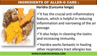WWW.PLANETAYURVEDA.COM
INGREDIENTS OF ALLER-G CARE :
It has the crucial anti-inflammatory
feature, which is helpful in reducing
inflammation and narrowing of the air
passage.
It also helps in cleaning the toxins
and increasing immunity.
Haridra works fantastic in healing
other respiratory tract allergies too.
Haridra (Curcuma longa)
 