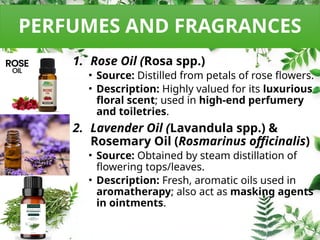 PERFUMES AND FRAGRANCES
1. Rose Oil (Rosa spp.)
• Source: Distilled from petals of rose flowers.
• Description: Highly valued for its luxurious
floral scent; used in high‑end perfumery
and toiletries.
2. Lavender Oil (Lavandula spp.) &
Rosemary Oil (Rosmarinus officinalis)
• Source: Obtained by steam distillation of
flowering tops/leaves.
• Description: Fresh, aromatic oils used in
aromatherapy; also act as masking agents
in ointments.
 