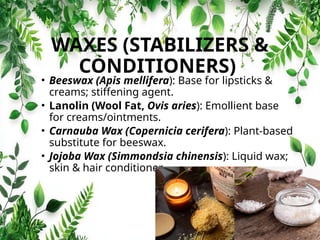 WAXES (STABILIZERS &
CONDITIONERS)
• Beeswax (Apis mellifera): Base for lipsticks &
creams; stiffening agent.
• Lanolin (Wool Fat, Ovis aries): Emollient base
for creams/ointments.
• Carnauba Wax (Copernicia cerifera): Plant-based
substitute for beeswax.
• Jojoba Wax (Simmondsia chinensis): Liquid wax;
skin & hair conditioner.
 