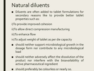 Natural diluents
■ Diluents are often added to tablet formulations for
secondary reasons like to provide better tablet
properties such as:
i)To provide improved cohesion
ii)To allow direct compression manufacturing
iii)To enhance flow
iv)To adjust weight of tablet as per die capacity
■ should neither support microbiological growth in the
dosage form nor contribute to any microbiological
load
■ should neither adversely affect the dissolution of the
product nor interfere with the bioavailability of
active pharmaceutical ingredient
■ should preferably be colourless or nearly so.
 