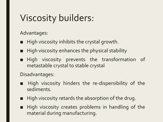 Viscosity builders:
Advantages:
■ High viscosity inhibits the crystal growth.
■ High viscosity enhances the physical stability
■ High viscosity prevents the transformation of
metastable crystal to stable crystal
Disadvantages:
■ High viscosity hinders the re-dispersibility of the
sediments.
■ High viscosity retards the absorption of the drug.
■ High viscosity creates problems in handling of the
material during manufacturing.
 