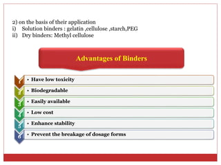 2) on the basis of their application
i) Solution binders : gelatin ,cellulose ,starch,PEG
ii) Dry binders: Methyl cellulose
Advantages of Binders
1 • Have low toxicity
2 • Biodegradable
3 • Easily available
4 • Low cost
5 • Enhance stability
6 • Prevent the breakage of dosage forms
 