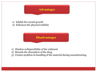 Advantages
1) Inhibit the crystal growth
2) Enhances the physical stability
Disadvantages
1) Hinders redispersibility of the sediment
2) Retards the absorption of the drug
3) Creates problem in handling of the material during manufacturing.
 
