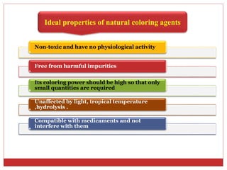 Ideal properties of natural coloring agents
Non-toxic and have no physiological activity
Free from harmful impurities
Its coloring power should be high so that only
small quantities are required
Unaffected by light, tropical temperature
,hydrolysis .
Compatible with medicaments and not
interfere with them
 