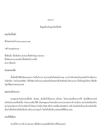 ผนวก ก
ขอมูลเกี่ยวกับสมุนไพรขี้เหล็ก
สมุนไพรขี้เหล็ก
ชื่อวิทยาศาสตร Cassia siamea Lamk
วงศ Caesalpiniaceae
ชื่อทองถิ่น ขี้เหล็กบาน (ลําปาง) ขี้เหล็กใหญ (ภาคกลาง)
ขี้เหล็กหลวง (ภาคเหนือ) ขี้เหล็กจิหรี่ (ภาคใต)
ยะหา (ปตตานี)
ลักษณะของพืช
ขี้เหล็กเปนไมยินตนขนาดกลาง ใบเปนใบรวม ประกอบดวยใบยอยประมาณ 10 คู ใบเรียวปลายใบมนหยักเวาหาเสนกลาง
ใบเล็กนอย โคนใบกลมสีเขียว ใตใบซีดกวาดานบนและมีขนเล็กนอยดอกเปนชอสีเหลือง ฝกแบนหนา ขี้เหล็กปลูกไมยาก ใชเมล็ด
ปลูกไดทุกภาคของประเทศ
คุณคาทางดานอาหาร
ดอกตูมและใบออนของขี้เหล็ก มีรสขม ตองคั้นนํ้าทิ้งหลายๆ ครั้งกอน จึงนํามาปรุงเปนอาหารได นิยมใชทําแกงกะทิ
หรือรับประทานเปนผักจิ้ม ชวยระบายทองไดดี ทั้งดอกตูมและใบออนมีสารอาหารหลายอยาง คือ วิตามินเอ และวิตามินซีคอนขาง
สูง ในดอกมีมากกวาในใบ ยังมีคารโบไฮเดรต โปรตีน ไขมัน เสนใย แคลเซี่ยม ฟอสฟอรัส เหล็ก วิตามินบีหนึ่งและในอาซินอีกเล็ก
นอย ใบขี้เหล็กชวยใหผลไม เชน กลวย มะมวงสุกเร็ว โดยใสใบขี้เหล็กรวมกับผลไมที่ตองการบม
สวนที่ใชเปนยา
สวนทั้งหา (ราก ตน ใบ ดอก ผล ) เพื่อเปนการอนุรักษตนไมควรใชใบและดอก
 