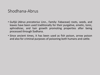 Shodhana-Abrus
• Guñjā (Abrus precatorius Linn., Family: Fabaceae) roots, seeds, and
leaves have been used traditionally for their purgative, emetic, tonic,
aphrodisiac, and hair growth promoting properties after being
processed through Śodhana.
• Since ancient times, it has been used as fish poison, arrow poison
and also for criminal purposes of poisoning both humans and cattle.
 