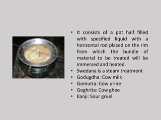 • It consists of a pot half filled
with specified liquid with a
horizontal rod placed on the rim
from which the bundle of
material to be treated will be
immersed and heated.
• Swedana is a steam treatment
• Godugdha: Cow milk
• Gomutra: Cow urine
• Goghrita: Cow ghee
• Kanji: Sour gruel
 