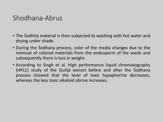 Shodhana-Abrus
• The Śodhita material is then subjected to washing with hot water and
drying under shade.
• During the Śodhana process, color of the media changes due to the
removal of colored materials from the endosperm of the seeds and
subsequently there is loss in weight.
• According to Singh et al. High performance liquid chromatography
(HPLC) study of the Guñjā extract before and after the Śodhana
process showed that the level of toxic hypaphorine decreases,
whereas the less toxic alkaloid abrine increases.
 