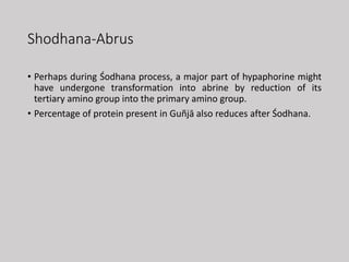 Shodhana-Abrus
• Perhaps during Śodhana process, a major part of hypaphorine might
have undergone transformation into abrine by reduction of its
tertiary amino group into the primary amino group.
• Percentage of protein present in Guñjā also reduces after Śodhana.
 