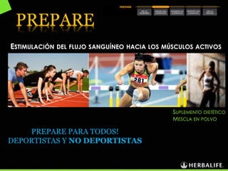 ESTIMULACIÓN DEL FLUJO SANGUÍNEO HACIA LOS MÚSCULOS ACTIVOS
PREPARE
SUPLEMENTO DIETÉTICO
MESCLA EN POLVO
PREPARE PARA TODOS!
DEPORTISTAS Y NO DEPORTISTAS
 