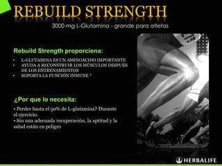 REBUILD STRENGTH
• L-GLUTAMINA ES UN AMINOÁCIDO IMPORTANTE
• AYUDA A RECONSTRUIR LOS MÚSCULOS DESPUÉS
DE LOS ENTRENAMIENTOS
• SOPORTA LA FUNCIÓN INMUNE *
Rebuild Strength proporciona:
• Perder hasta el 50% de L-glutamina? Durante
el ejercicio.
• Sin una adecuada recuperación, la aptitud y la
salud están en peligro
¿Por que lo necesita:
3000 mg L-Glutamina - grande para atletas
 