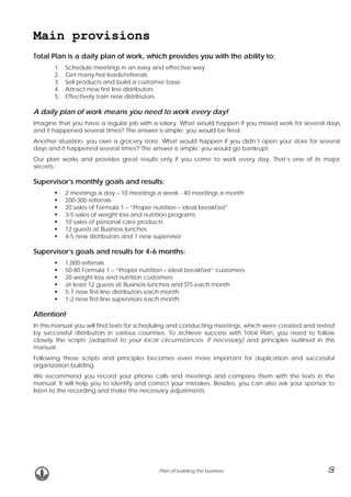Main provisions
Total Plan is a daily plan of work, which provides you with the ability to:
1.
2.
3.
4.
5.

Schedule meetings in an easy and effective way
Get many hot leads/referrals
Sell products and build a customer base
Attract new first line distributors
Effectively train new distributors

A daily plan of work means you need to work every day!
Imagine that you have a regular job with a salary. What would happen if you missed work for several days
and it happened several times? The answer is simple: you would be fired.
Another situation: you own a grocery store. What would happen if you didn’t open your store for several
days and it happened several times? The answer is simple: you would go bankrupt.
Our plan works and provides great results only if you come to work every day. That’s one of its major
secrets.

Supervisor’s monthly goals and results:
2 meetings a day – 10 meetings a week - 40 meetings a month
200-300 referrals
20 sales of Formula 1 – “Proper nutrition – ideal breakfast”
3-5 sales of weight loss and nutrition programs
10 sales of personal care products
12 guests at Business lunches
4-5 new distributors and 1 new supervisor

Supervisor’s goals and results for 4-6 months:
1,000 referrals
50-80 Formula 1 – “Proper nutrition – ideal breakfast” customers
20 weight loss and nutrition customers
at least 12 guests at Business lunches and STS each month
5-7 new first-line distributors each month
1-2 new first-line supervisors each month

Attention!
In this manual you will find texts for scheduling and conducting meetings, which were created and tested
by successful distributors in various countries. To achieve success with Total Plan, you need to follow
closely the scripts (adapted to your local circumstances, if necessary) and principles outlined in this
manual.
Following these scripts and principles becomes even more important for duplication and successful
organization building.
We recommend you record your phone calls and meetings and compare them with the texts in the
manual. It will help you to identify and correct your mistakes. Besides, you can also ask your sponsor to
listen to the recording and make the necessary adjustments.

Plan of building the business

3

 