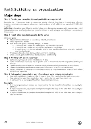 Part 5. Building an organization
Major steps
Step 1. Create your own effective and profitable working model
Based on the “2 meetings a day – 40 meetings a month” principle (see chart p. ), create your effective
working model, success story and a long-term customer base, which will bring you a profit of $1,500-2,000
a month.
Attention: Complete your “Monthly activity” chart and discuss your progress with your sponsor. It will
help you to create an effective business model and learn to work with your own distributors according to
this scenario.

Step 2. Teach 5 first line distributors to do the same
Aims and goals:
4-5 guests/new distributors at each 2-day STS or Business lunch
1 new supervisor a month
New distributors go to 7 meetings with you, of which:
o 3 meetings are conducted solely by you, and he/she only listens
o 2 meetings are conducted by him/her, and you do the closing
o 2 meetings are conducted solely by him/her, and you listen to discuss later (very positively
and constructively)
If necessary, take the new distributor to more than 7 meetings
Once a week, gather all the new distributors for a joint training.

Step 3. Working with a new supervisor

Define clearly the goals for the initial 30 and 90 days
Make sure the new supervisor has a specific plan to implement the first stage of Total Plan (see
above)
Explain the importance of proper financial management (keeping the money in the turnover)
Explain the necessity of keeping and increasing the 5,000 v.p. product stock at home
It’s very important to follow up on the implementation of these 5 points and be in constant touch
with the new supervisor.

Step 4. Training the trainers is the way of creating a large reliable organization

Your first line distributors implement the 2nd step of Total Plan: create 5 active first line supervisors
Your second line supervisors create their own 4 active first line supervisors each, etc.
To achieve this, all four steps of Total Plan should be implemented.

Example:

If, in your organization, 8 people are implementing the first step of the Total Plan, you qualify for
GET Team
If, in your organization, 32 people are implementing the first step of the Total Plan, you qualify for
Millionaire Team
If, in your organization, 80 people are implementing the first step of the Total Plan, you qualify for
President’s Team.

40

Plan of building the business

 