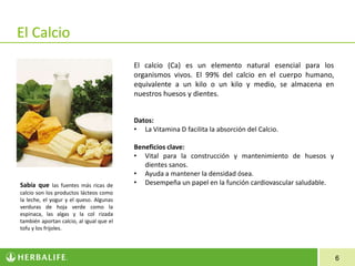 El Calcio
El calcio (Ca) es un elemento natural esencial para los
organismos vivos. El 99% del calcio en el cuerpo humano,
equivalente a un kilo o un kilo y medio, se almacena en
nuestros huesos y dientes.
Datos:
• La Vitamina D facilita la absorción del Calcio.

Sabía que las fuentes más ricas de

Beneficios clave:
• Vital para la construcción y mantenimiento de huesos y
dientes sanos.
• Ayuda a mantener la densidad ósea.
• Desempeña un papel en la función cardiovascular saludable.

calcio son los productos lácteos como
la leche, el yogur y el queso. Algunas
verduras de hoja verde como la
espinaca, las algas y la col rizada
también aportan calcio, al igual que el
tofu y los frijoles.

6

 