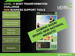 LEVEL 10 BODY TRANSFORMATION
CHALLENGE
NEW BUSINESS SUPPORT TOOLS
Attract Customers
Personalised Body
Analysis in Person
Follow Up
Keep Track
Get participant onto
programme / trial
Recognition
 