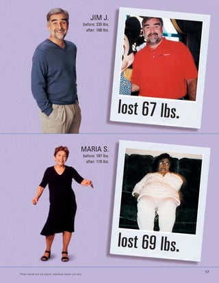 JIM J.
                                                               before: 235 lbs.
                                                                after: 168 lbs.




                                                                                  lost 67 lbs.
                                                           MARIA S.
                                                               before: 187 lbs.
                                                                after: 118 lbs.




                                                                                  lost 69 lbs.
                                                                                                 17
These results are not typical. Individual results will vary.
 