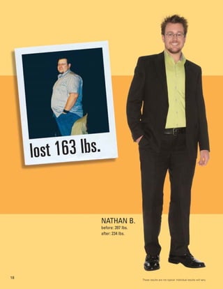 l ost 163 lbs.


                      NATHAN B.
                      before: 397 lbs.
                      after: 234 lbs.




18
                                         These results are not typical. Individual results will vary.
 