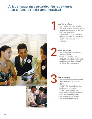 A business opportunity for everyone
     that’s fun, simple and magical!




                            1   Use the products
                                ●

                                ●

                                ●




                                ●
                                  Start achieving your results.
                                  You look healthy and feel great.
                                  People will notice and will ask
                                  you how you did it.
                                  Share your story and others’
                                  stories and offer the products.
                                ●
                                  Teach others to use your
                                  products.




                            2   Wear the button
                                ●




                                ●
                                  You will become a walking
                                  advertisement.
                                  Wear, use or show any
                                  Herbalife item that might get
                                  people’s attention – this will
                                  facilitate the conversation.




                            3   Talk to people
                                ●




                                ●
                                  Tell your weight-loss success
                                  story or business success
                                  story.
                                  Explain the product and the
                                  business opportunity.
                                ●
                                  Explain how people can
                                  improve their health and earn
                                  extra income right away.
                                ●
                                  Talk to people you know.
                                ●
                                  Talk to the entire world.




38
 