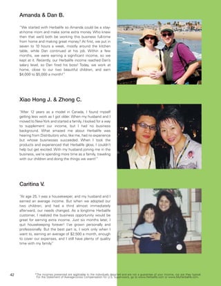 Amanda & Dan B.

     “We started with Herbalife so Amanda could be a stay-
     at-home mom and make some extra money. Who knew
     then that we’d both be working this business full-time
     from home and making great money? At first, we put in
     seven to 10 hours a week, mostly around the kitchen
     table, while Dan continued at his job. Within a few
     months, we were earning a significant income, so we
     kept at it. Recently, our Herbalife income reached Dan’s
     salary level, so Dan fired his boss! Today, we work at
     home, close to our two beautiful children, and earn
     $4,000 to $5,000 a month!”




     Xiao Hong J. & Zhong C.

     “After 12 years as a model in Canada, I found myself
     getting less work as I got older. When my husband and I
     moved to New York and started a family, I looked for a way
     to supplement our income, but I had no business
     background. What amazed me about Herbalife was
     hearing from Distributors who, like me, had no experience
     but whose businesses succeeded. When I took the
     products and experienced that Herbalife glow, I couldn’t
     help but get excited. With my husband joining me in the
     business, we’re spending more time as a family, traveling
     with our children and doing the things we want!”




     Caritina V.

     “At age 25, I was a housekeeper, and my husband and I
     earned an average income. But when we adopted our
     two children, and had a third almost immediately
     afterward, our needs changed. As a longtime Herbalife
     customer, I realized the business opportunity would be
     great for earning extra income. Just six months later, I
     quit housekeeping forever! I’ve grown personally and
     professionally. But the best part is, I work only when I
     want to, earning an average of $2,500 a month, enough
     to cover our expenses, and I still have plenty of quality
     time with my family. ”




42            *The incomes presented are applicable to the individuals depicted and are not a guarantee of your income, nor are they typical.
               For the Statement of Average-Gross Compensation for U.S. Supervisors, go to www.Herbalife.com or www.MyHerbalife.com.
 