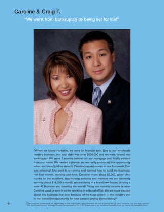 Caroline & Craig T.
        “We went from bankruptcy to being set for life!”




                 “When we found Herbalife, we were in financial ruin. Due to our wholesale
                 jewelry business, our total debt was over $500,000 and we were forced into
                 bankruptcy. We were 7 months behind on our mortgage and finally evicted
                 from our home. We needed a chance, so we really embraced this opportunity
                 when our friend told us about it. Caroline earned money in our first week. That
                 was amazing! She went to a training and learned how to build the business.
                 Her first month, working part-time, Caroline made about $3,000. Wow! And
                 thanks to the excellent, step-by-step training and mentors we are currently
                 earning about $14,000 a month. We are living in a brand new house, driving a
                 new H2 Hummer and traveling the world! Today our monthly income is what
                 Caroline used to earn in a year working in a dental office! We are more excited
                 about this business than ever because of the huge growth in the industry and
                 in the incredible opportunity for new people getting started today!*
44       *The incomes presented are applicable to the individuals depicted and are not a guarantee of your income, nor are they typical.
          For the Statement of Average-Gross Compensation for U.S. Supervisors, go to www.Herbalife.com or www.MyHerbalife.com.
 