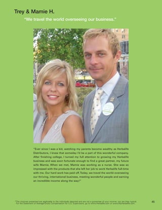 Trey & Mamie H.
         “We travel the world overseeing our business.”




                   “Ever since I was a kid, watching my parents become wealthy as Herbalife
                   Distributors, I knew that someday I’d be a part of this wonderful company.
                   After finishing college, I turned my full attention to growing my Herbalife
                   business and was soon fortunate enough to find a great partner, my future
                   wife Mamie. When we met, Mamie was working as a nurse. She was so
                   impressed with the products that she left her job to work Herbalife full-time
                   with me. Our hard work has paid off. Today, we travel the world–overseeing
                   our thriving, international business, meeting wonderful people and earning
                   an incredible income along the way!”




*The incomes presented are applicable to the individuals depicted and are not a guarantee of your income, nor are they typical.   45
 For the Statement of Average-Gross Compensation for U.S. Supervisors, go to www.Herbalife.com or www.MyHerbalife.com.
 
