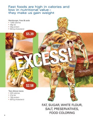 Fast foods are high in calories and
    low in nutritional value –
    they make us gain weight

    Hamburger, fries & soda
    ●
      1290 calories
    ●
      49g fat
    ●
      30g protein
    ●
      65mg cholesterol


                         $5.39




            EXCESS!
                         $2.58
    Two deluxe tacos
    ●
      420 calories
    ●
      27g fat
    ●
      18g protein
    ●
      80mg cholesterol


                                 FAT, SUGAR, WHITE FLOUR,
                                   SALT, PRESERVATIVES,
                                      FOOD COLORING
8
 