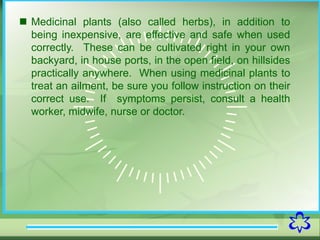 2
 Medicinal plants (also called herbs), in addition to
being inexpensive, are effective and safe when used
correctly. These can be cultivated right in your own
backyard, in house ports, in the open field, on hillsides
practically anywhere. When using medicinal plants to
treat an ailment, be sure you follow instruction on their
correct use. If symptoms persist, consult a health
worker, midwife, nurse or doctor.
 