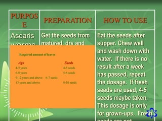 30
PURPOS
E
PREPARATION HOW TO USE
Ascaris
worms
Get the seeds from
matured, dry and
newly opened fruit.
Eat the seeds after
supper. Chew well
and wash down with
water. If there is no
result after a week
has passed, repeat
the dosage. If fresh
seeds are used, 4-5
seeds maybe taken.
This dosage is only
for grown-ups. Fresh
Required amount of leaves
Age Seeds
4-5 years 4-5 seeds
6-8 years 5-6 seeds
9-12 years and above 6-7 seeds
13 years and above 8-10 seeds
 