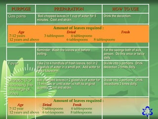 34
PURPOSE PREPARATION HOW TO USE
Gas pains `Boil chopped leaves in 1 cup of water for 5
minutes. Cool and strain.
Drink the decoction.
Reminder: Wash the leaves wall before
boiling.
For the sponge bath of sick
person. Do this once or twice
daily.
Fever Take 2 to 4 handfuls of fresh leaves, boil in 2
glassfuls of water in a small pot. Add water to
make lukewarm.
Divide into 3 portions. Drink
decoction 3 times daily.
Diuretic (For
increasing the
discharge of
urine)
Boil chopped leaves in 2 glassfuls of water for
15 minutes or until water is half its original
quantity. Cool and strain.
Divide into 3 portions. Drink
decoctions 3 times daily.
Amount of leaves required :
Age Dried Fresh
7-12 years 3 tablespoon 4 tablespoons
12 years and above 6 tablespoons 8 tablespoons
Amount of leaves required :
Age Dried Fresh
7-12 year 3 tablespoons 4 tablespoons
12 years and above 6 tablespoons 8 tablespoons
 