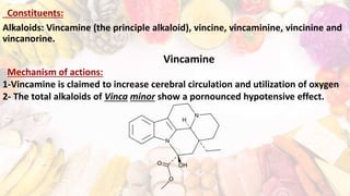 Constituents:
Alkaloids: Vincamine (the principle alkaloid), vincine, vincaminine, vincinine and
vincanorine.
Vincamine
Mechanism of actions:
1-Vincamine is claimed to increase cerebral circulation and utilization of oxygen
2- The total alkaloids of Vinca minor show a pornounced hypotensive effect.
 