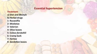 Essential hypertension
Treatment:
a) Diet and lifestyle
b) Herbal drugs
1- Rauwolfia
2- Mistletoe
3- Valerian
4- Olive leaves
5- Coleus forskohlii
6- Cramp bark
7- Yarrow
8- dandelion leaves
 