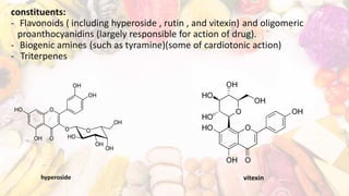 constituents:
- Flavonoids ( including hyperoside , rutin , and vitexin) and oligomeric
proanthocyanidins (largely responsible for action of drug).
- Biogenic amines (such as tyramine)(some of cardiotonic action)
- Triterpenes
hyperoside vitexin
 