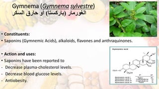 Gymnema (Gymnema sylvestre)
‫الغورمار‬(‫باركستا‬)‫السكر‬ ‫حارق‬ ‫أو‬
• Constituents:
• Saponins (Gymnemic Acids), alkaloids, flavones and anthraquinones.
• Action and uses:
• Saponins have been reported to
- Decrease plasma-cholesterol levels.
- Decrease blood glucose levels.
- Antiobesity.
 