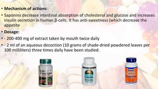 • Mechanism of actions:
• Saponins decrease intestinal absorption of cholesterol and glucose and increases
insulin secretion in human β-cells. It has anti-sweetness (which decrease the
appetite
• Dosage:
• - 200-400 mg of extract taken by mouth twice daily
• - 2 ml of an aqueous decoction (10 grams of shade-dried powdered leaves per
100 milliliters) three times daily have been studied.
 