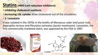 Statins(HMG-CoA reductase inhibitors):
• Inhibiting cholesterol synthesis
• Increasing LDL uptake: draw cholesterol out of the circulation.
• 1- Lovastatin
It was isolated in the 1970s in the broths of Monascus ruber (red yeast rice),
Aspergillus terreus and Pleurotus ostreatus (oyster mashroom). Lovastatin, the
first commercially marketed statin, was approved by the FDA in 1987.
 