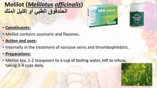 Melilot (Melilotus officinalis)
‫الملك‬ ‫إكليل‬ ‫أو‬ ‫الطبي‬ ‫الحندقوق‬
• Constituents:
• Melilot contains coumarin and flavones.
• Action and uses:
• Internally in the treatment of varicose veins and thrombophlebitis.
• Preparations:
• Melilot tea, 1-2 teaspoons to a cup of boiling water, left to infuse,
taking 3-4 cups daily.
 