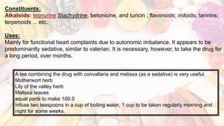 Constituents:
Alkaloids: leonurine Stachydrine, betonicine, and turicin ; flavonoids; iridoids; tannins;
terpenoids ... etc.
Uses:
Mainly for functional heart complaints due to autonomic imbalance. It appears to be
predominantly sedative, similar to valerian. It is necessary, however, to take the drug for
a long period, over months.
A tea combining the drug with convallaria and melissa (as a sedative) is very useful.
Motherwort herb
Lily of the valley herb
Melissa leaves
equal parts to make 100.0
Infuse two teaspoons in a cup of boiling water, 1 cup to be taken regularly morning and
night for some weeks.
 