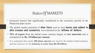 Statics Of MARKETS
• Increased interest had significantly contributed to the economic growth of the
Medicinal plant sector.
• The global market potential of Aloe Vera used to treat burns and added to
skin creams and cosmetics was estimated in the billions of dollars.
• 70% of export from the herbal sector consists largely of raw materials and is
estimated to be Rs. 10 billion per annum.
• It is estimated that nearly 960 plant species are used by the Indian herbal industry,
and the turnover of the industry is more than Rs 80 billion.
 