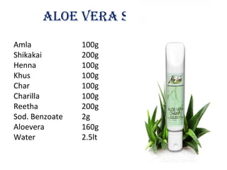 ALOe VeRA ShAMpOO
Amla 100g
Shikakai 200g
Henna 100g
Khus 100g
Char 100g
Charilla 100g
Reetha 200g
Sod. Benzoate 2g
Aloevera 160g
Water 2.5lt
 