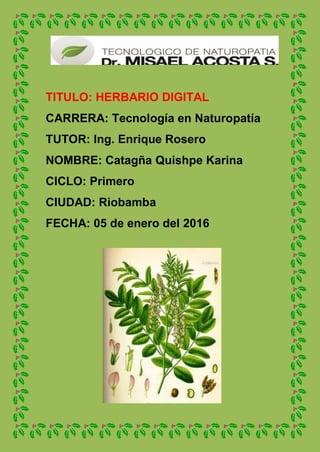 TITULO: HERBARIO DIGITAL
CARRERA: Tecnología en Naturopatía
TUTOR: Ing. Enrique Rosero
NOMBRE: Catagña Quishpe Karina
CICLO: Primero
CIUDAD: Riobamba
FECHA: 05 de enero del 2016
 