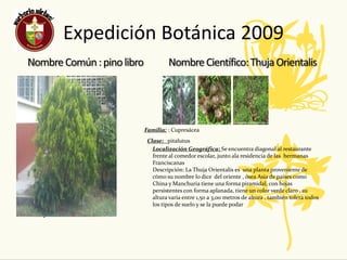 Expedición Botánica 2009


                               Flor        Fruto         Hoja
                   Familia: : Cupresácea
                    Clase: pitalutus
                      Localización Geográfica: Se encuentra diagonal al restaurante
                      frente al comedor escolar, junto ala residencia de las hermanas
                      Franciscanas
                      Descripción: La Thuja Orientalis es una planta proveniente de
                      cómo su nombre lo dice del oriente , ósea Asia de países como
                      China y Manchuria tiene una forma piramidal, con hojas
                      persistentes con forma aplanada, tiene un color verde claro , su
                      altura varia entre 1,50 a 3,00 metros de altura , también tolera todos
Planta                los tipos de suelo y se la puede podar
Completa
 
