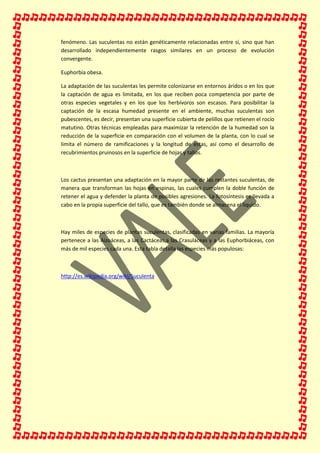 fenómeno. Las suculentas no están genéticamente relacionadas entre sí, sino que han
desarrollado independientemente rasgos similares en un proceso de evolución
convergente.
Euphorbia obesa.
La adaptación de las suculentas les permite colonizarse en entornos áridos o en los que
la captación de agua es limitada, en los que reciben poca competencia por parte de
otras especies vegetales y en los que los herbívoros son escasos. Para posibilitar la
captación de la escasa humedad presente en el ambiente, muchas suculentas son
pubescentes, es decir, presentan una superficie cubierta de pelillos que retienen el rocío
matutino. Otras técnicas empleadas para maximizar la retención de la humedad son la
reducción de la superficie en comparación con el volumen de la planta, con lo cual se
limita el número de ramificaciones y la longitud de estas, así como el desarrollo de
recubrimientos pruinosos en la superficie de hojas y tallos.
Los cactus presentan una adaptación en la mayor parte de las restantes suculentas, de
manera que transforman las hojas en espinas, las cuales cumplen la doble función de
retener el agua y defender la planta de posibles agresiones. La fotosíntesis es llevada a
cabo en la propia superficie del tallo, que es también donde se almacena el líquido.
Hay miles de especies de plantas suculentas, clasificadas en varias familias. La mayoría
pertenece a las Aizoáceas, a las Cactáceas,a las Crasuláceas y a las Euphorbiáceas, con
más de mil especies cada una. Esta tabla detalla las especies más populosas:
http://es.wikipedia.org/wiki/Suculenta
 