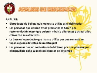 ANALISIS DE RESULTADOS ANALISIS:El producto de belleza que menos se utiliza es el delineador
