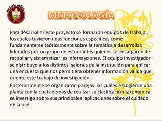 METODOLOGÍAPara desarrollar este proyecto se formaron equipos de trabajo , los cuales tuvieron unas funciones especificas como fundamentarse teóricamente sobre la temática a desarrollar, liderados por un grupo de estudiantes quienes se encargaron de recopilar y sistematizar las informaciones. El equipo investigador se distribuyo a los distintos  salones de la institución para aplicar una encuesta que nos permitiera obtener información valida que oriente este trabajo de investigación.Posteriormente se organizaron parejas  las cuales escogieron una planta con la cual además de realizar su clasificación taxonómica se investigo sobre sus principales  aplicaciones sobre el cuidado de la piel.  